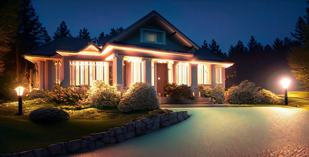 Home exterior lit up