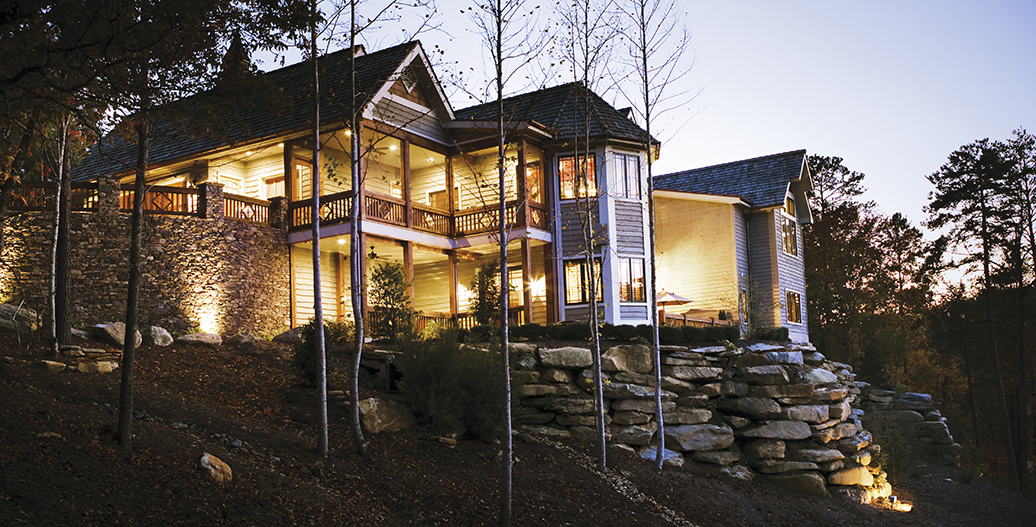 Lit up home exterior