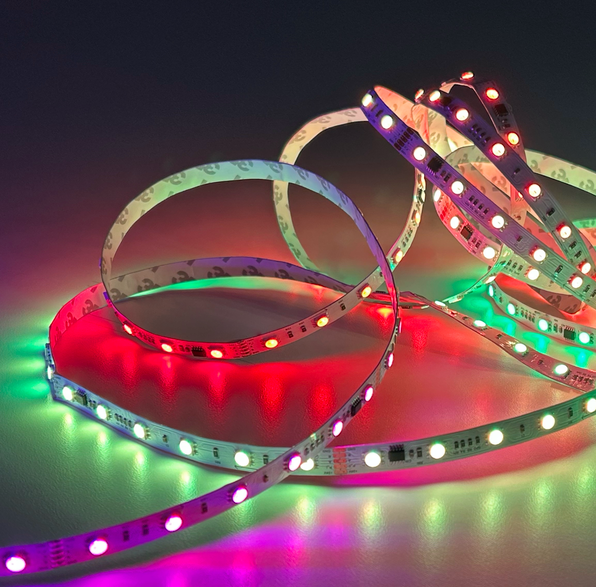 Colorful LED strip light on a dark background