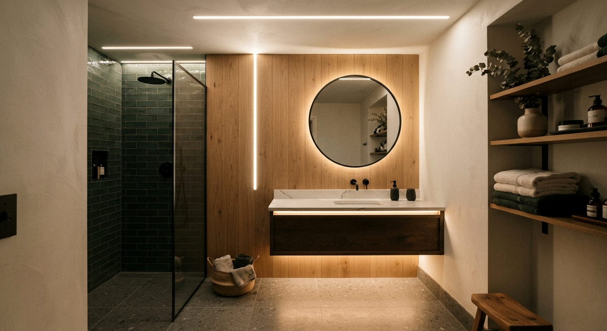A modern bathroom interior with a floating dark wood vanity, white sink basin, round backlit mirror, warm LED strip lighting, a glass shower enclosure, shelving with towels and decor, and a small wooden stool.