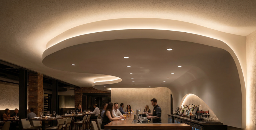 Curved Bulkheads vs. Ceiling Clouds: A Commercial Lighting Guide