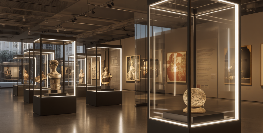 Museum with LED strip lighting surrounding various display cases