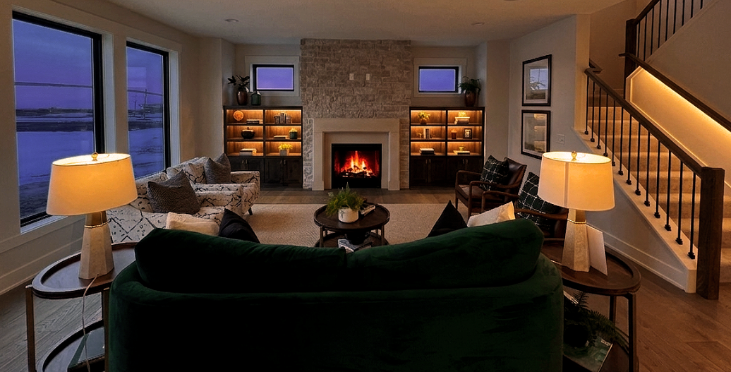 Living room with dim lighting from lamps, strip lights on shelves, and strip lights on stairs
