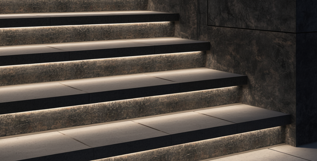 LED strip lighting on stairs outdoors 