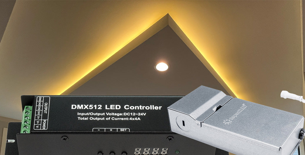 DMX512 LED controller with cove lighting in background