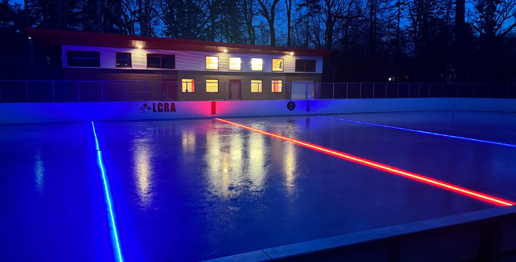 Lit up hockey rink with strip lights