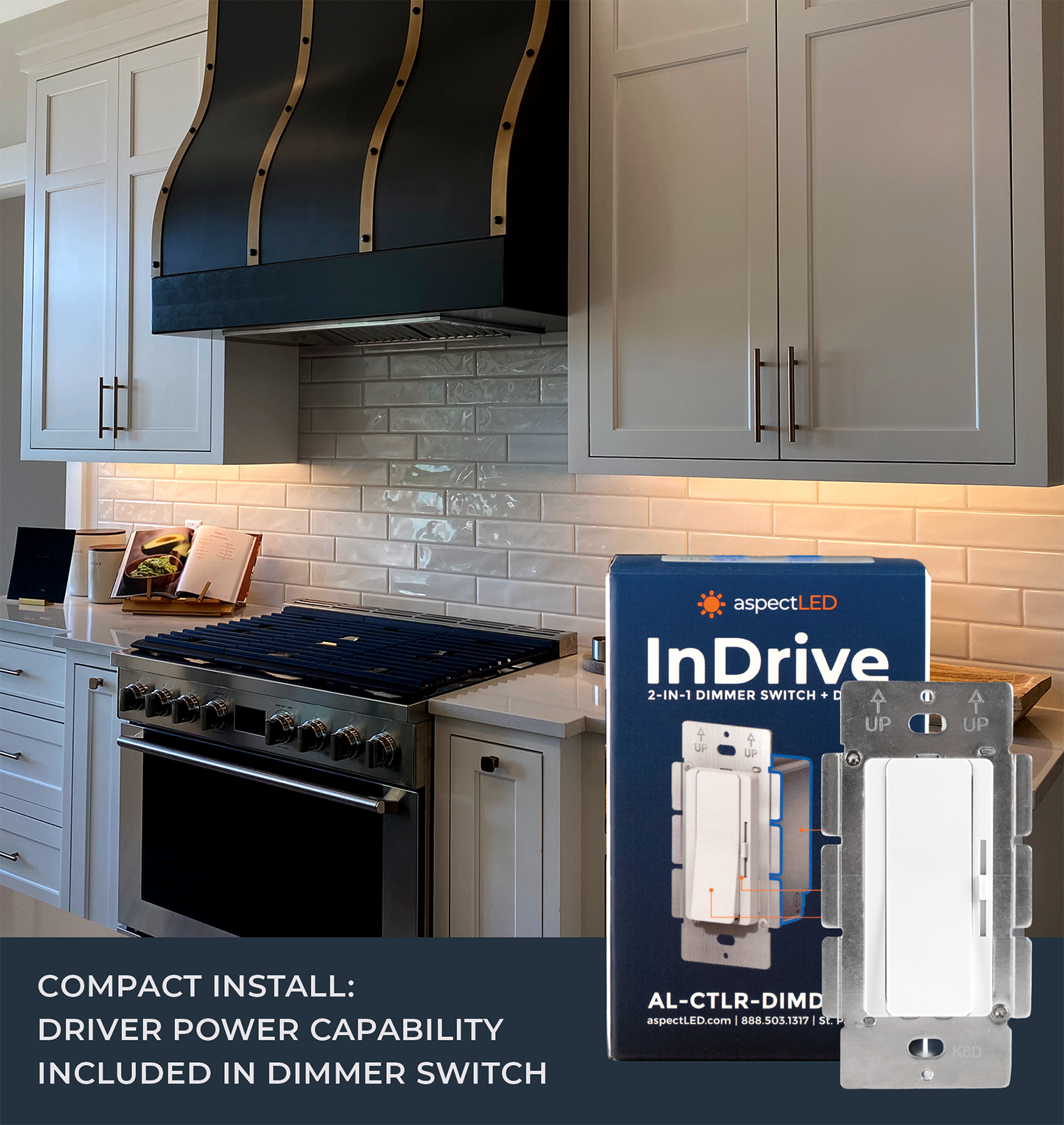 Compact 3-way dimmer switch by Aspect LED shown with its retail box in a modern kitchen setting. The image includes text overlays highlighting the compact installation and included driver power capability.