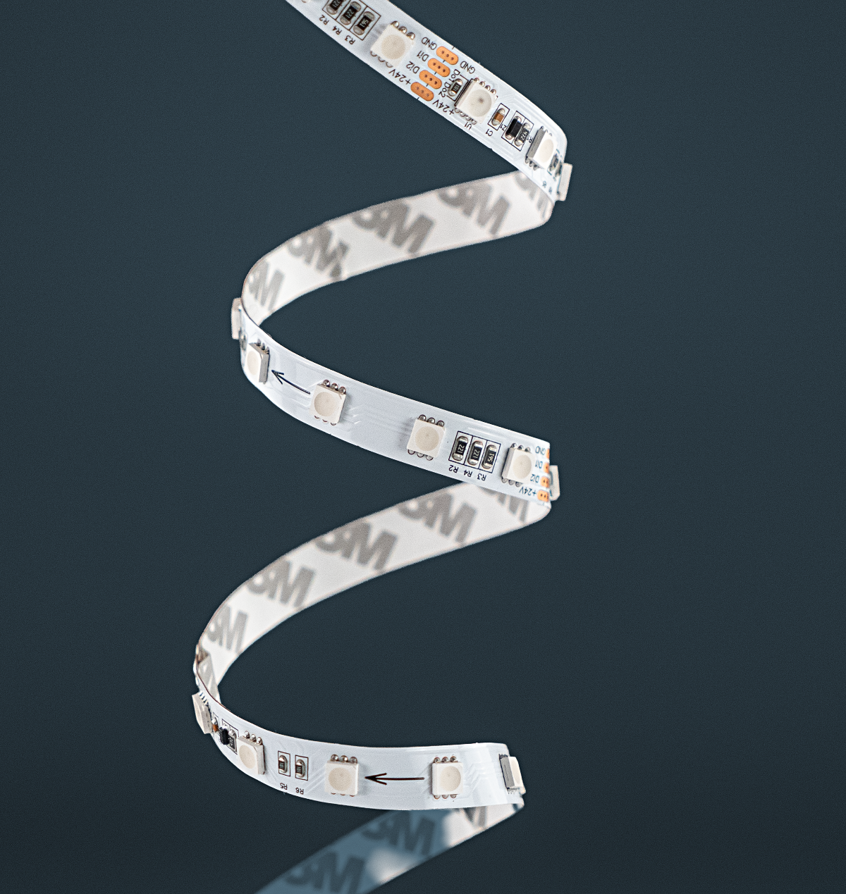Spiral of LED strip light on a dark background