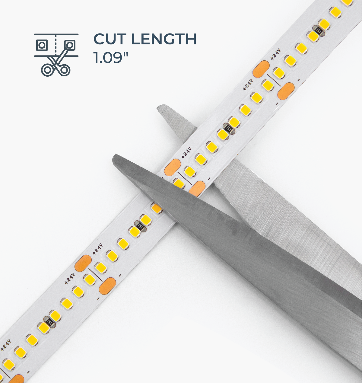 LED strip with cut length measurement and scissors on a white background