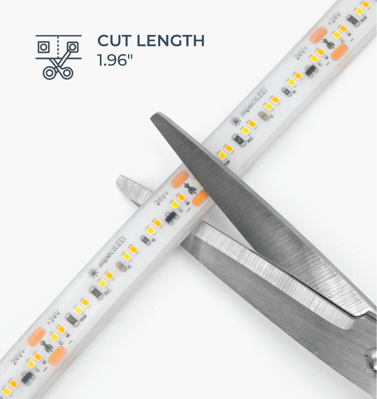 LED strip light with a ruler and scissors on a white background, showing cut length of 1.96 inches.