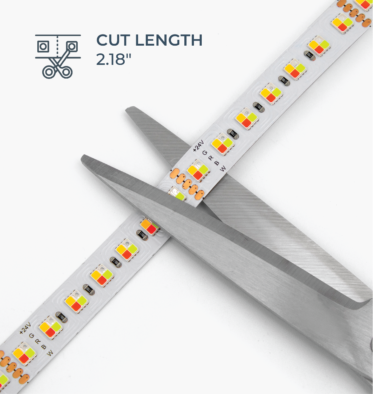 LED strip with cut length measurement and scissors on a white background