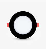 Round LED downlight with black frame and red accents on a white background