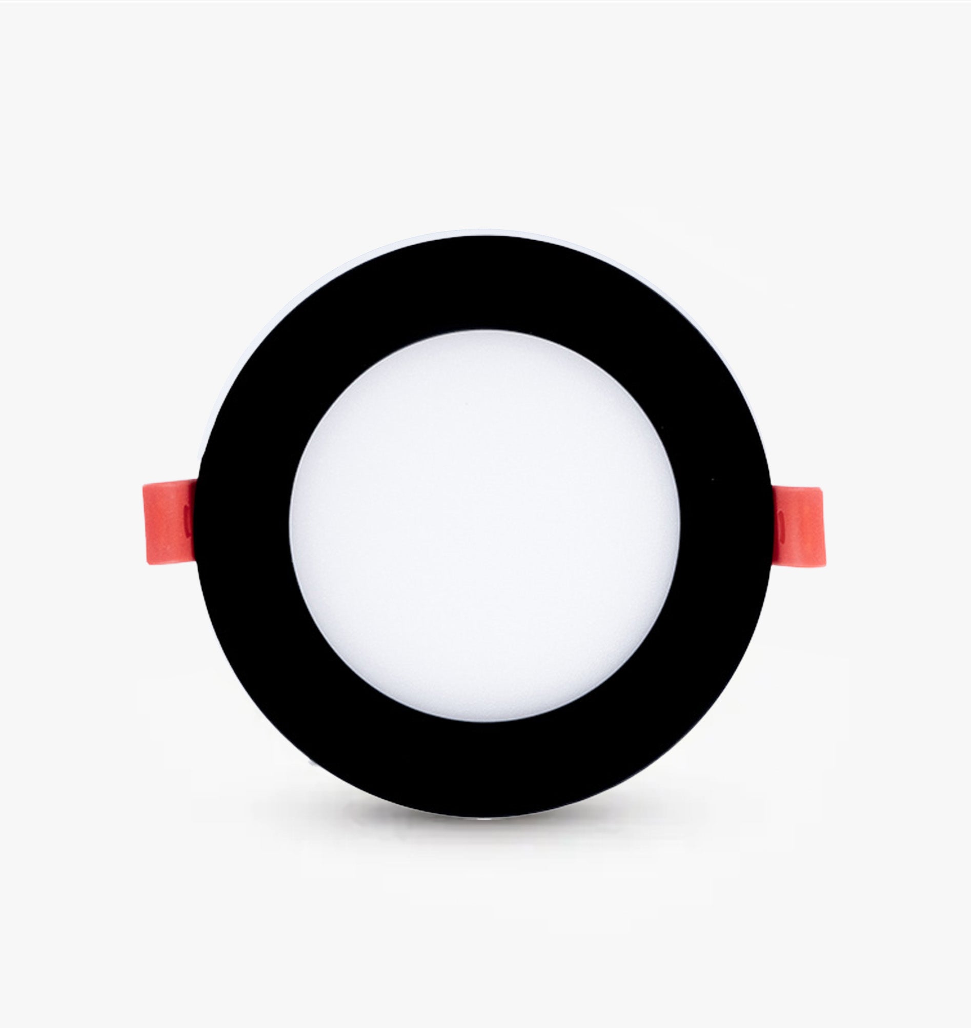 Round LED downlight with black frame and red accents on a white background