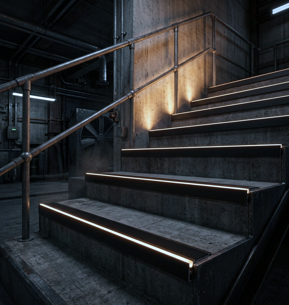 Staircase with embedded lights in a dark industrial setting