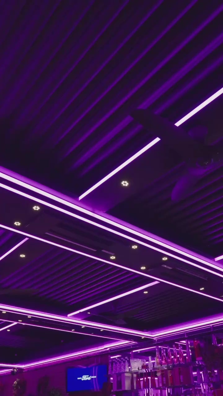Load video: Short video showing aesthetic led lighting illuminating the lobby of a modern spa lobby